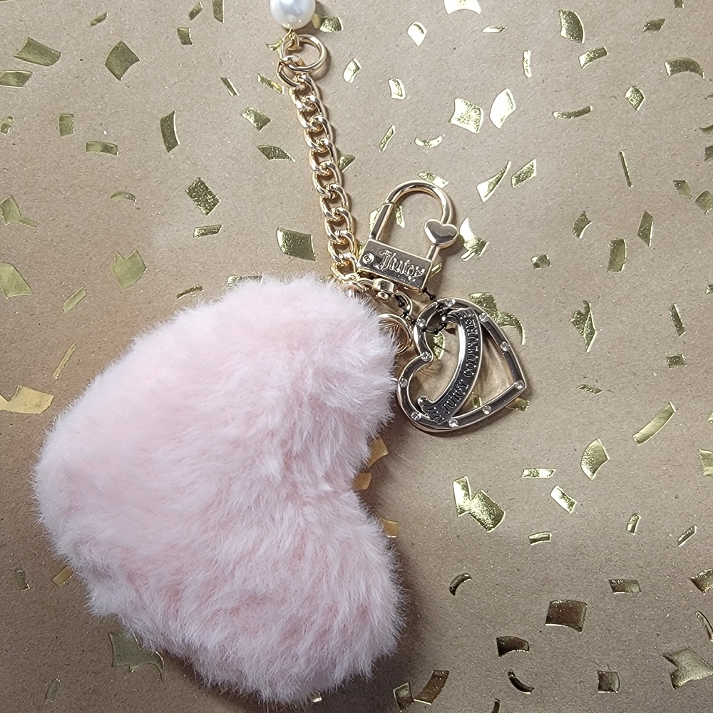 Juicy Couture Pink Fluffy Heart Keychain with Gold Details